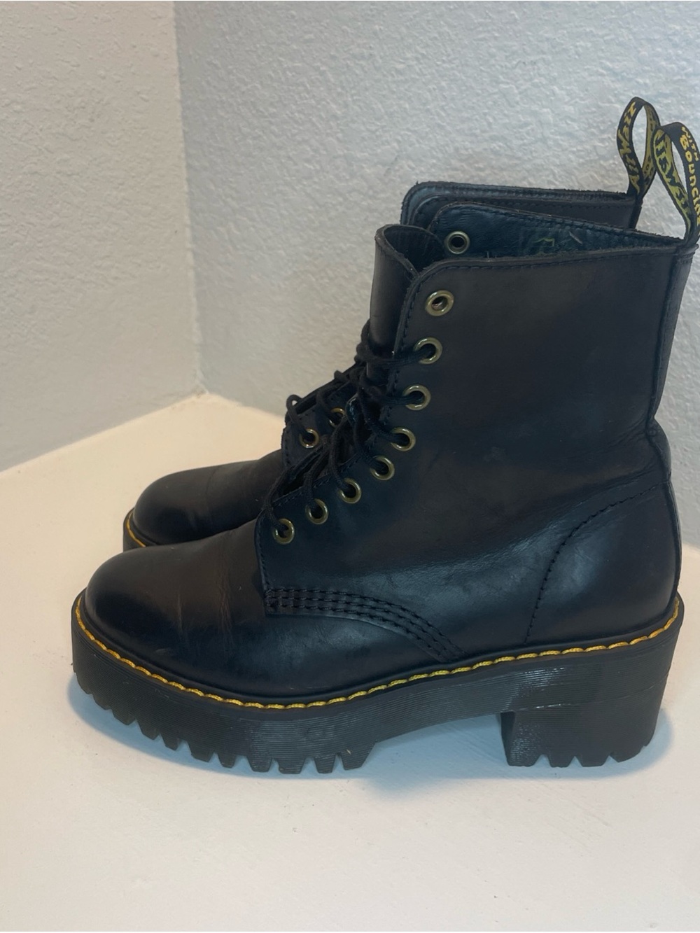 Dr. Martens Black Leather Platform Lace-Up Boots with Yellow Stitching - Picture 3 of 10